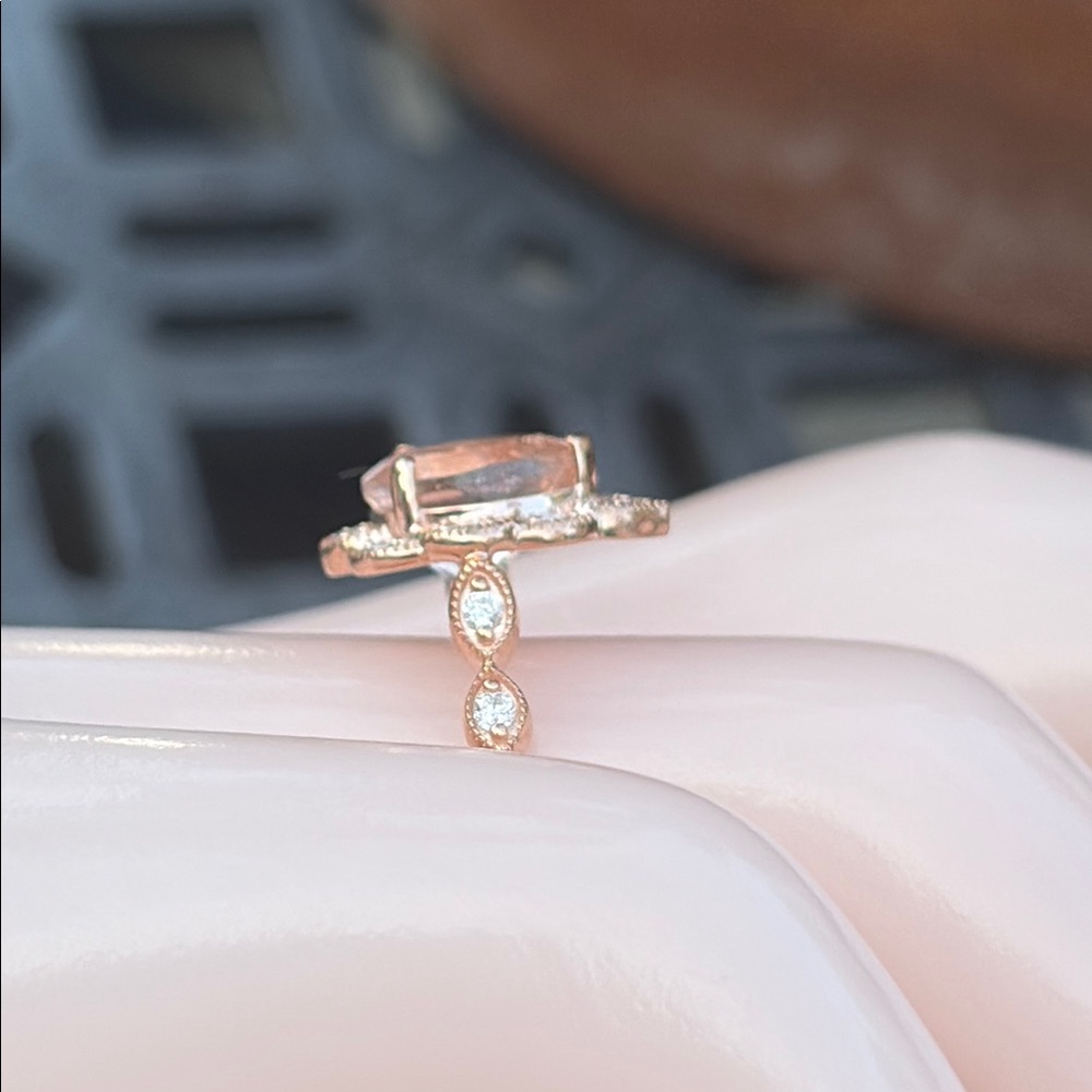 Pear Cut 1.25 tcw Morganite & Diamond Ring 14k Rose GP Sterling Silver Size 7 - Picture 4 of 13
